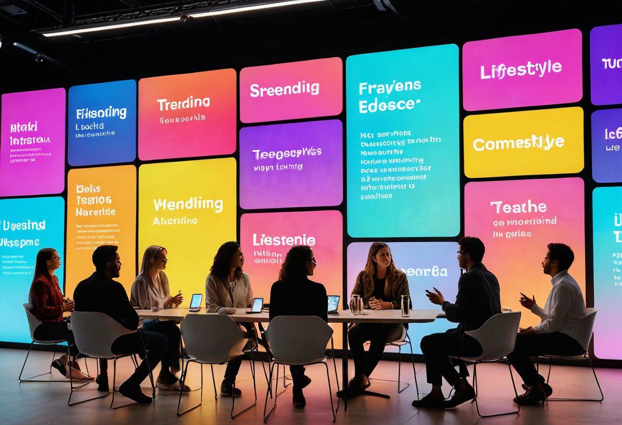 A diverse group of people interacting around a large digital screen showcasing trending topics and articles. The scene captures a lively and engaging atmosphere with colorful speech bubbles containing keywords like 'Lifestyle', 'Articles', and 'Trending'. Use soft, inviting lighting to create a welcoming vibe, surrounded by plants to evoke a sense of community. vibrant colors. digital art. upbeat atmosphere.