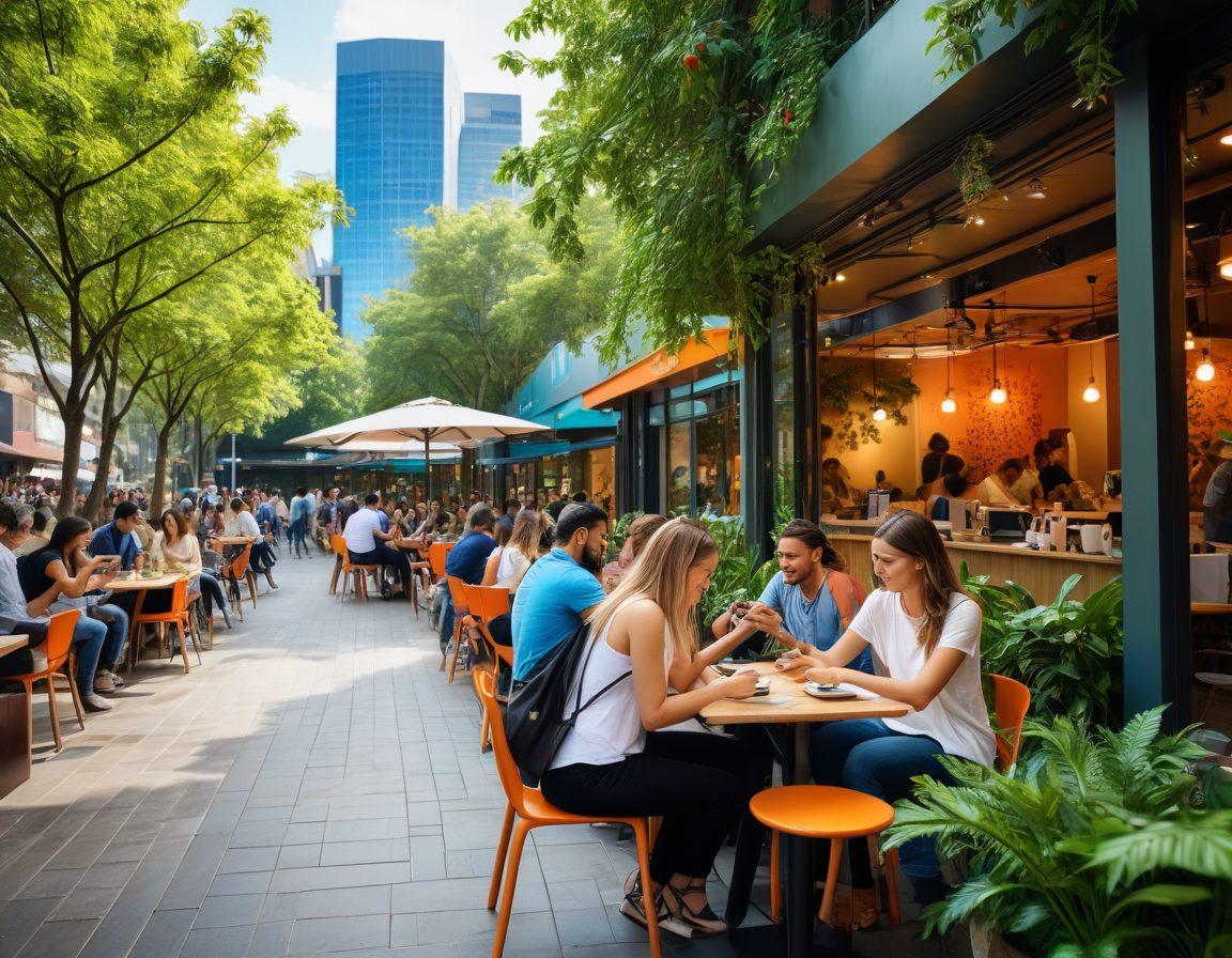 A vibrant cityscape showcasing people engaging with the latest technology, enjoying trendy cafes, and participating in community events. Include diverse individuals using smartphones and digital devices, with greenery and modern architecture in the background to symbolize progress and connection. The scene should convey a sense of energy, innovation, and togetherness. super-realistic. vibrant colors. urban setting.